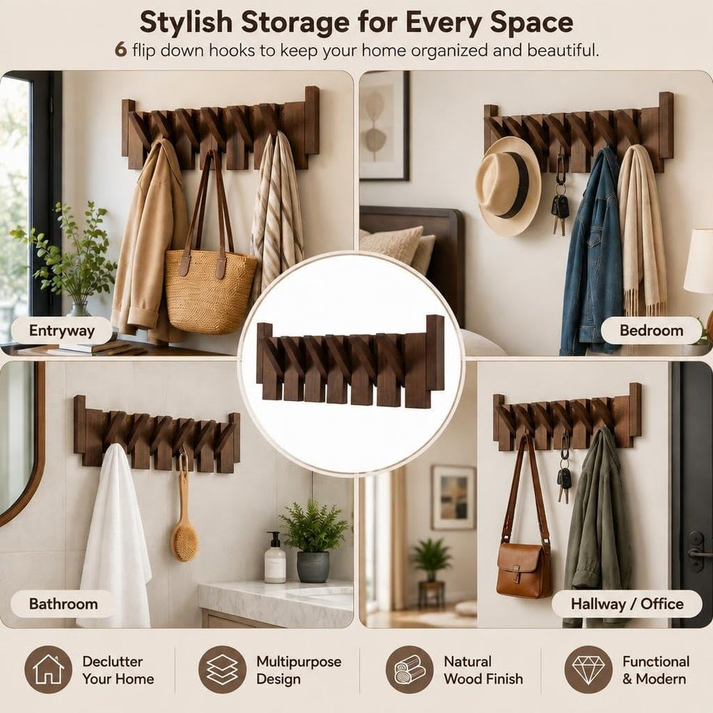Walnut Wood Piano Coat Rack Wall Mount, Solid Wood Flip Down Wall Hook Rack 6...