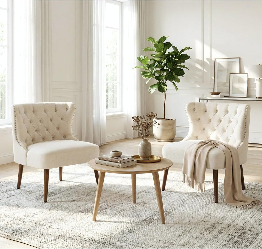chairus Tufted Slipper Accent Chairs Set of 2, Linen Upholstered Armless Livi...