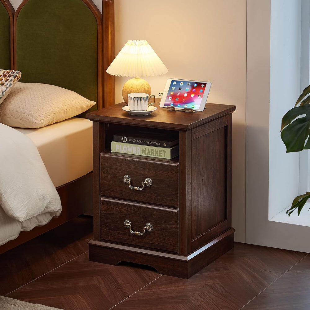 Farmhouse Night Stand with Charging Station, Walnut | 2 Drawers End Tables Be...