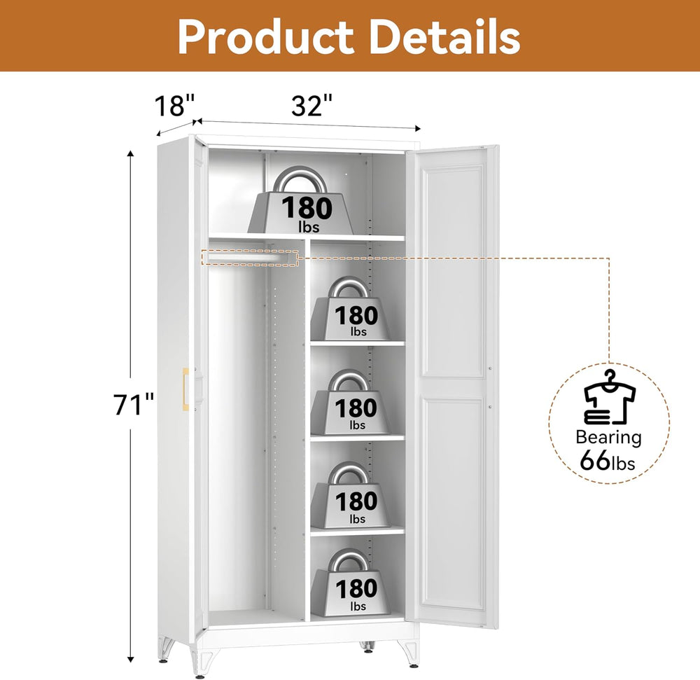 Polup Metal Armoire Wardrobe Closet, 71" Tall Wardrobe Cabinet with 2 Do...
