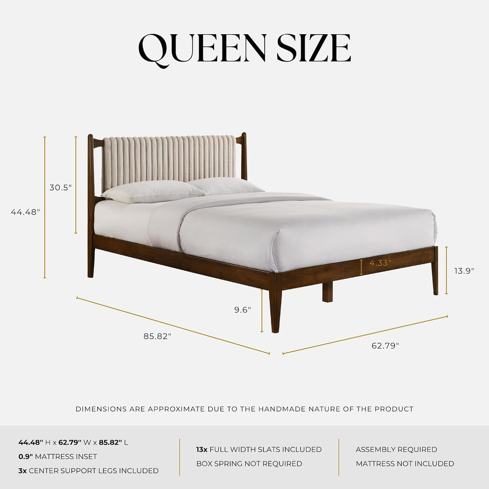 Ella Wooden Platform Bed | Box Spring Not Required | Walnut and Beige, Queen