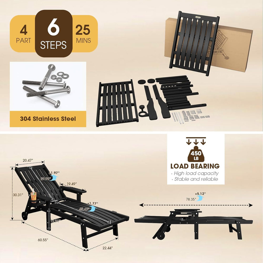 THOEOE Patio Chaise Lounge Chair,HDPE Lounge Chair Outdoor with Wheels | Over...