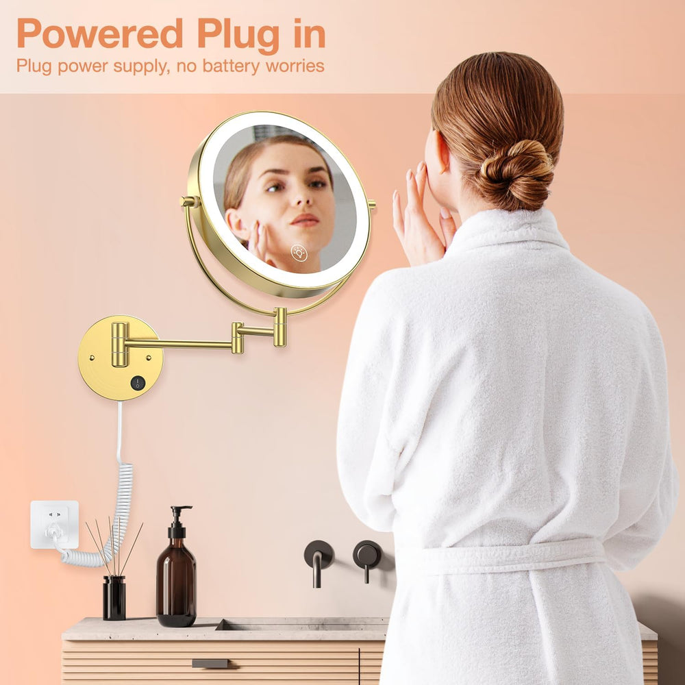 9" Wall Mounted LED Makeup Mirror, 1X/10X Magnifying Mirror Corded, Gold