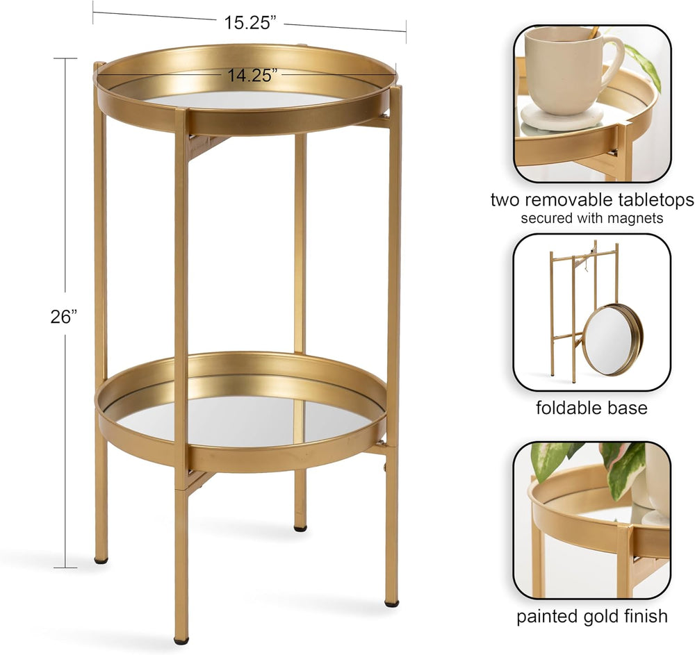 Kate and Laurel Celia Round Metal Foldable Tiered Side Table, 16 x 26, Gold, ...