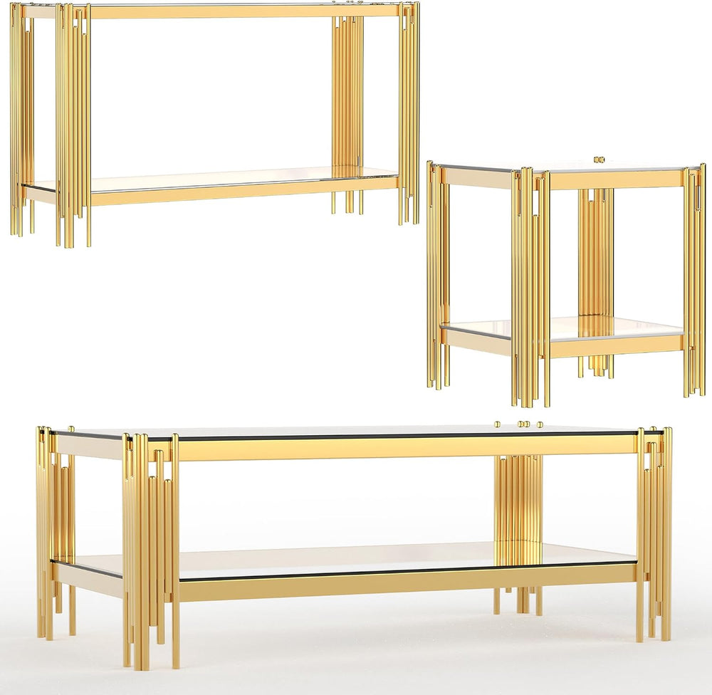 AF ARTISAN FURNITURE Glass Coffee Table Set of 3, Gold 2-Tier Clear Tempered ...