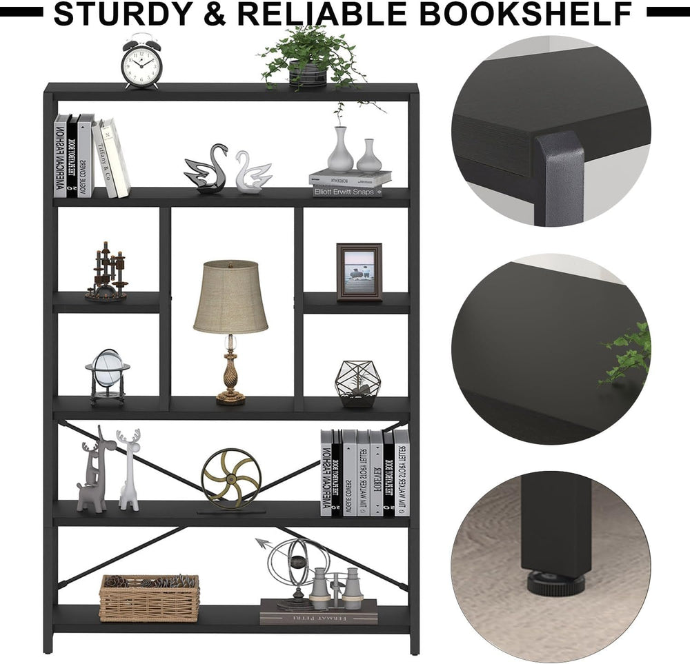 LVB 6 Tier Industrial Bookshelf for Bedroom Living Room Office, Black Oak
