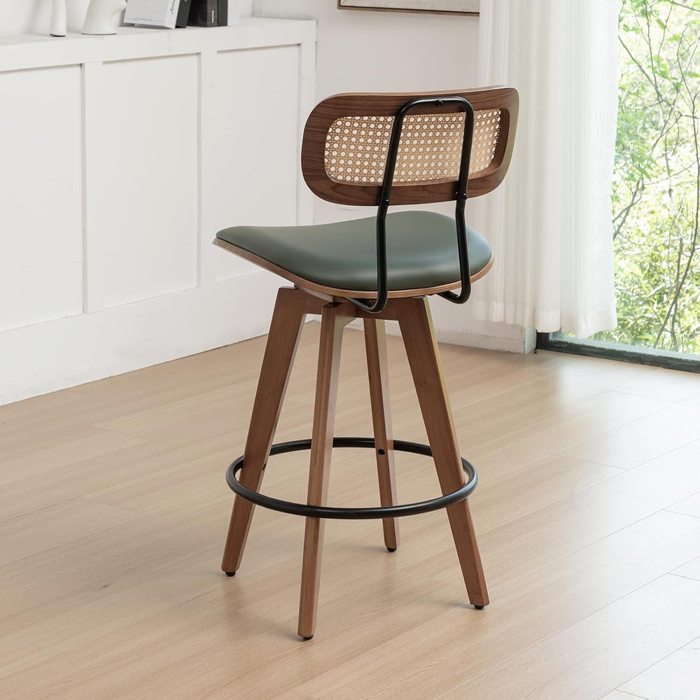 26" Rattan Bar Stools Set of 2, Faux Leather Counter Height Swivel Barst...