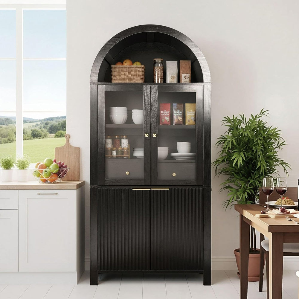71" Tall Arched Pantry Cabinet with Glass Doors, Fluted Kitchen Storage ...