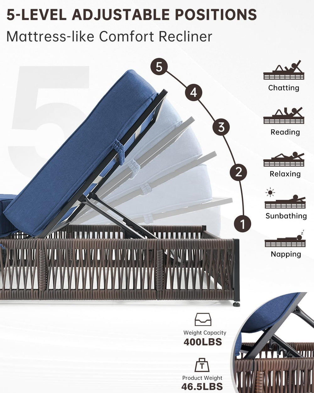 Luxury Outdoor Chaise Lounge with 5 Inch Thickened Cushions - 1 Set High Back...