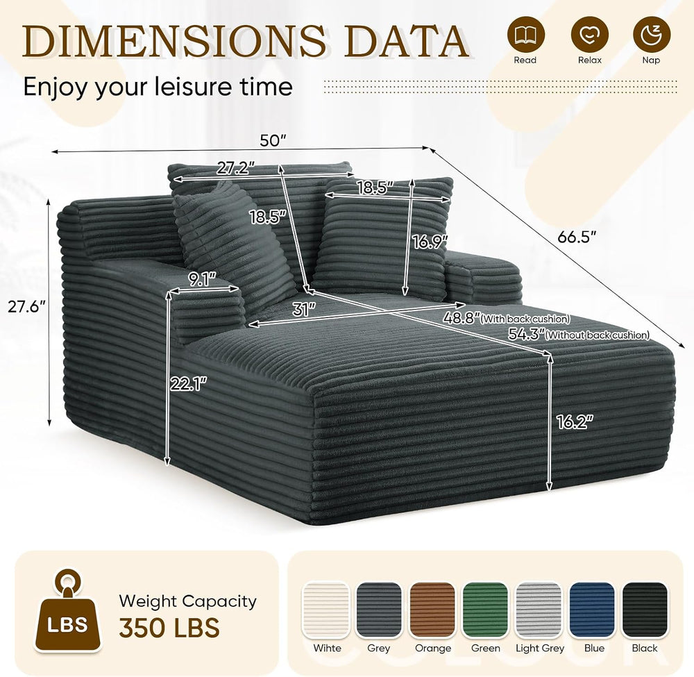 Oversized Chaise Lounge Chair Indoor,50"W Upholstered Corduroy Couch wit...