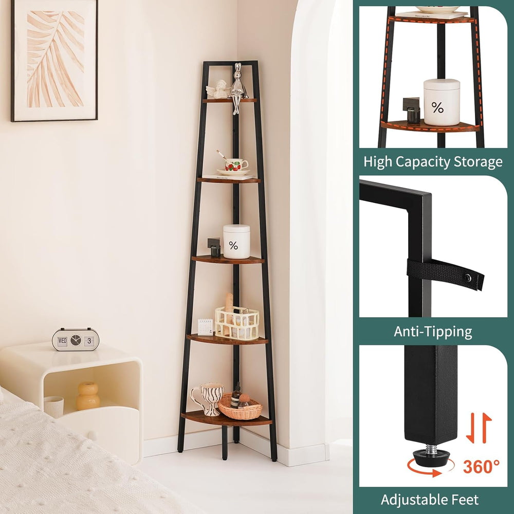 Yoobure Corner Shelf, 5-Tier Corner Bookshelf with Metal Frame & Wood Lad...