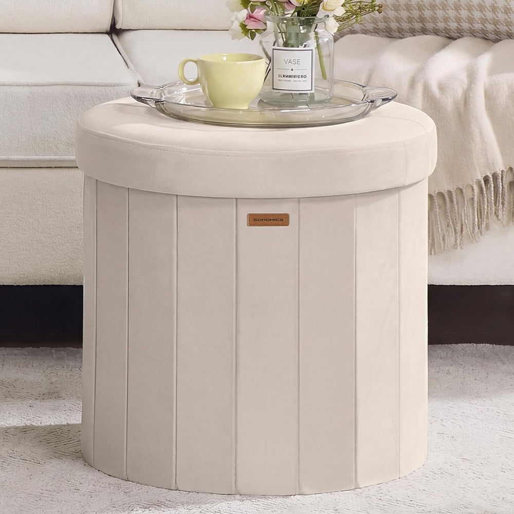 SONGMICS Storage Ottoman Round Velvet Vanity Stool, 18.5 x 18.5 x 17.7 Inch |...