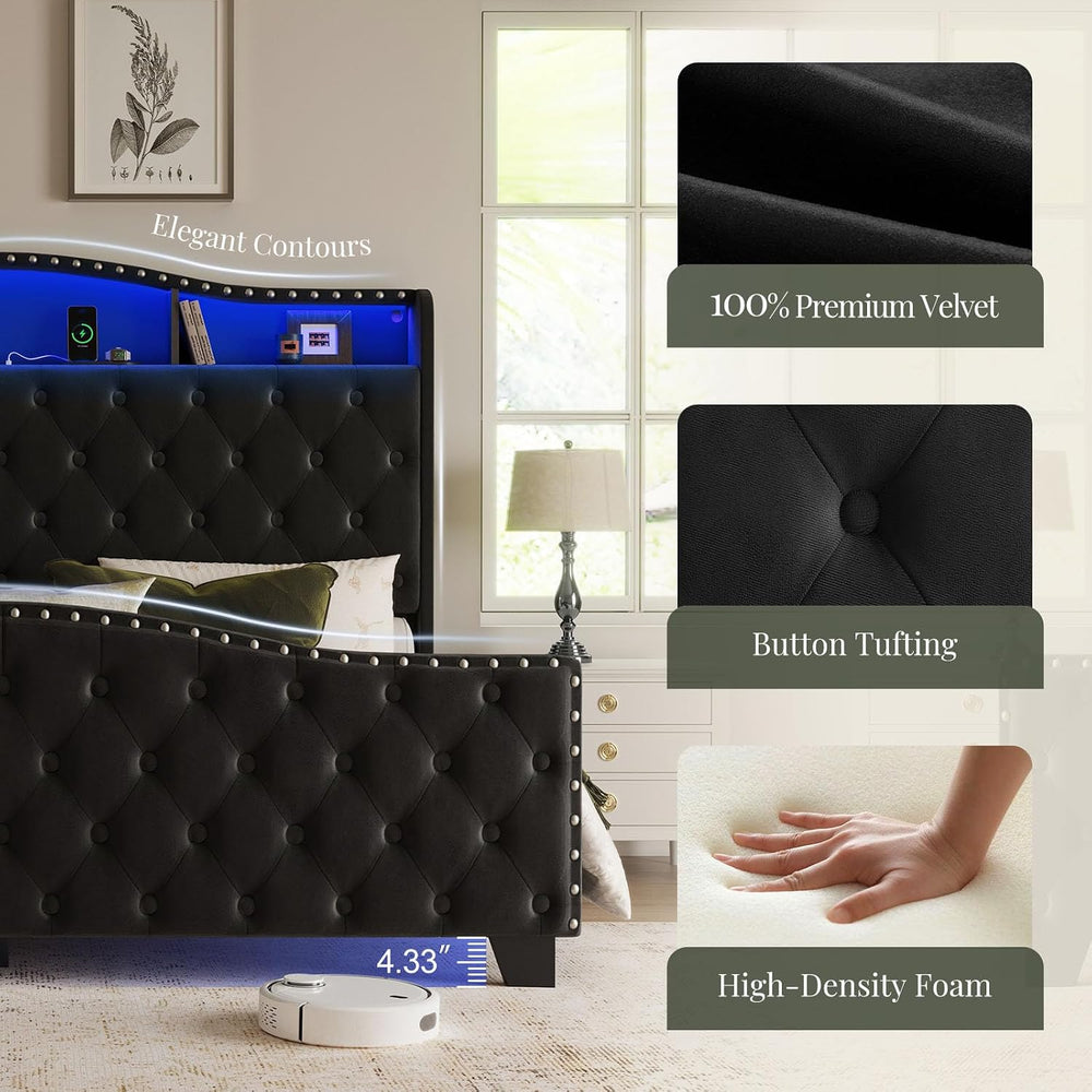 Belffin Platform Bed Frame with 50.9" LED Headboard, King Black
