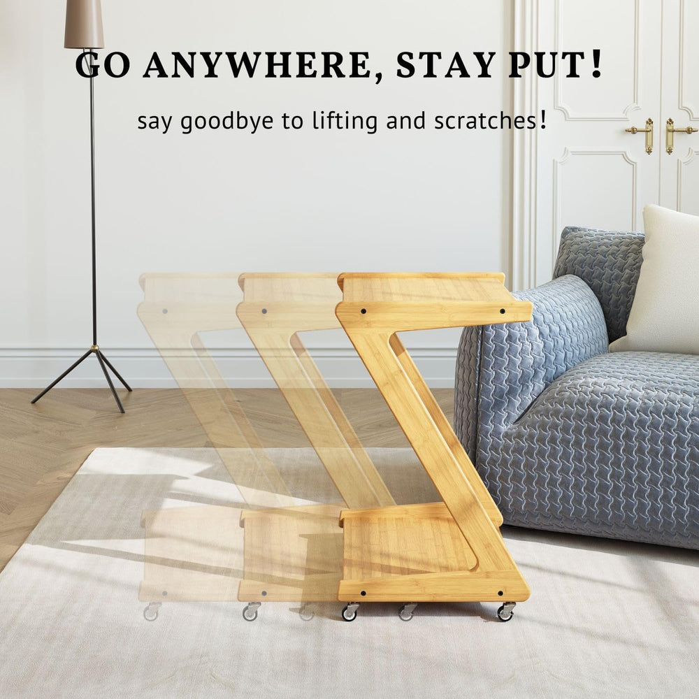 ZIYOO Z-Shaped End Table with Wheels, Natural Bamboo Couch Side Table that Sl...
