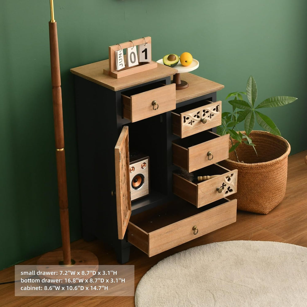 Farmhouse Accent Chest with Carved Door and 5-Drawers, Vintage Storage Cabine...