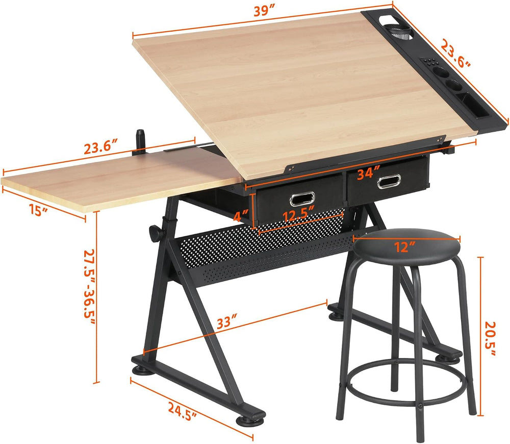 Yaheetech Adjustable Drafting Table Art Desk, Storage Drawers & Stool, Wo...