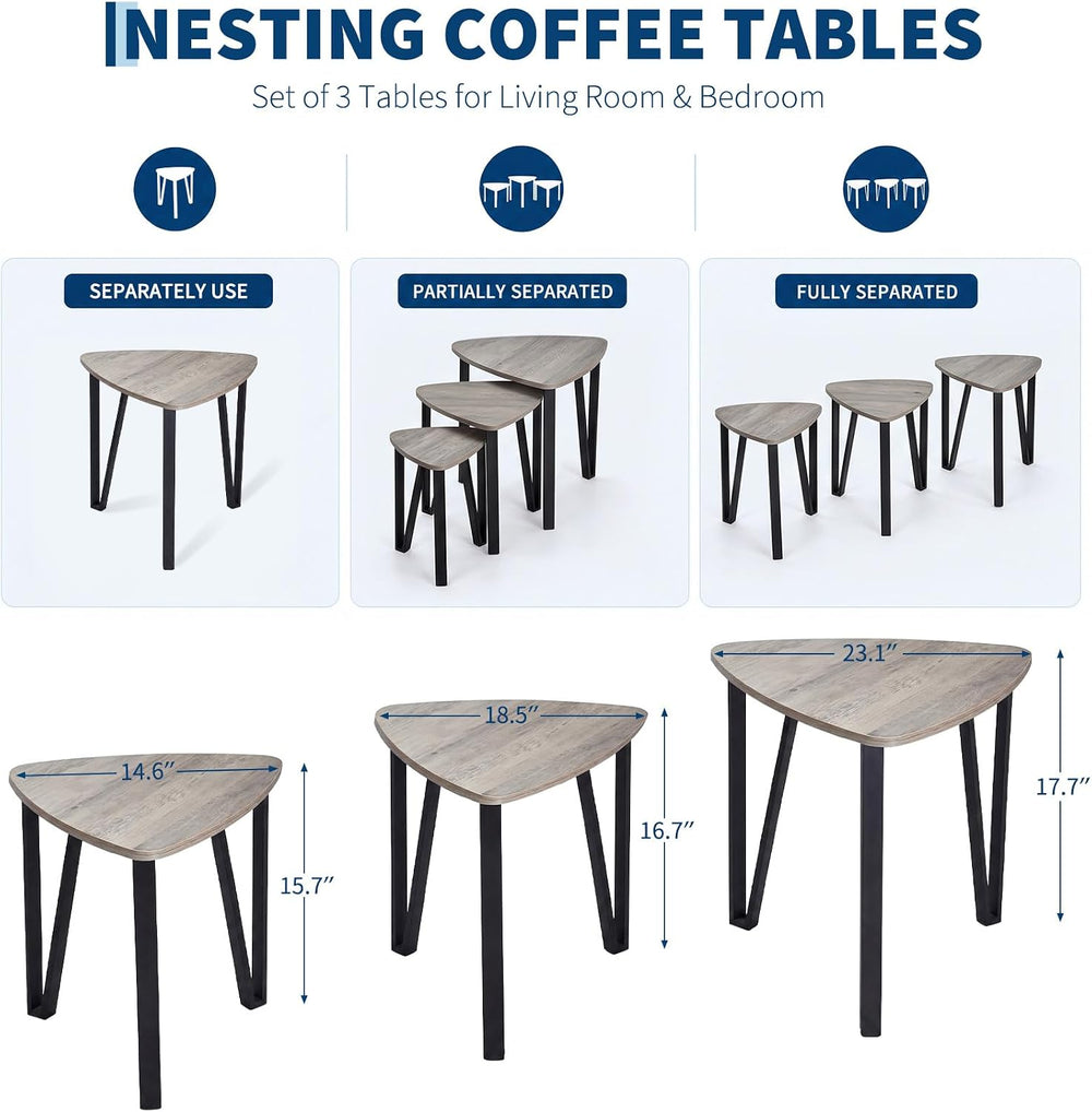 Nesting Coffee Tables Set of 3,Rustic Industrial Triangle Side End Table for ...