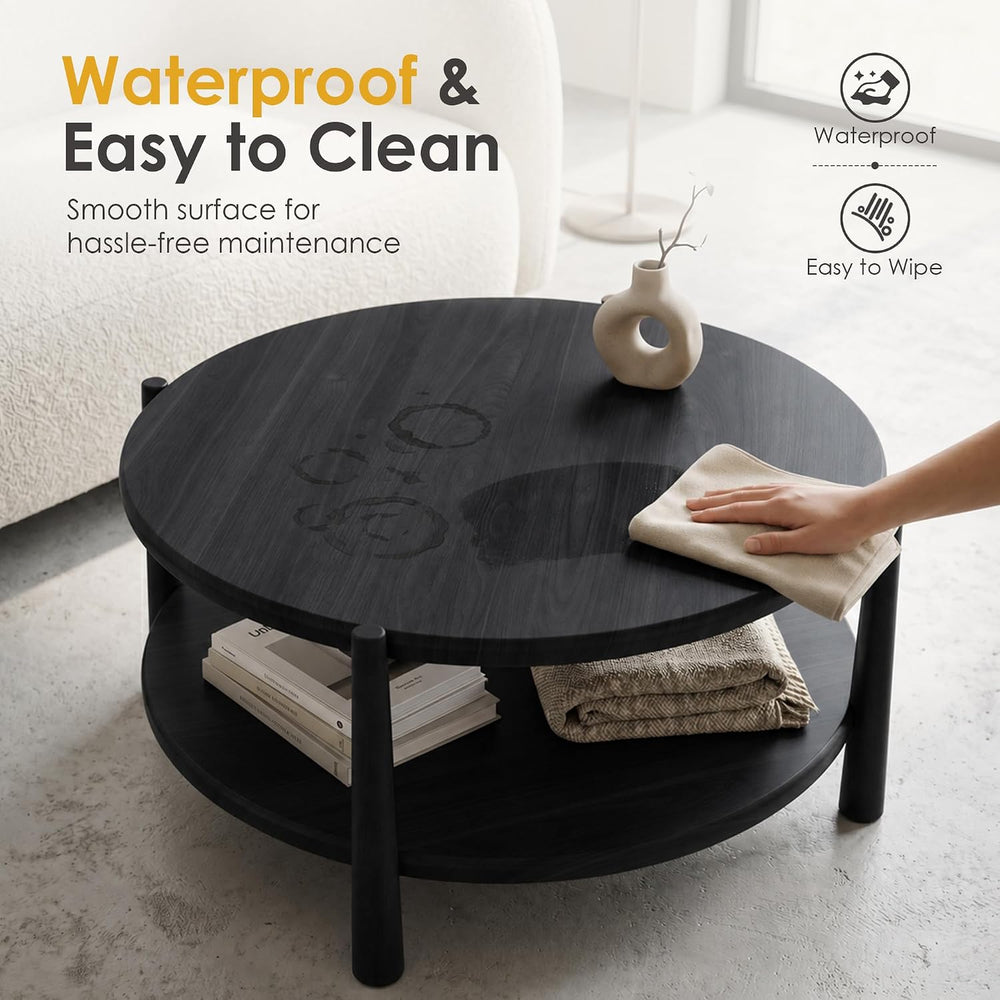 Black Round Coffee Table with Open Storage Shelf