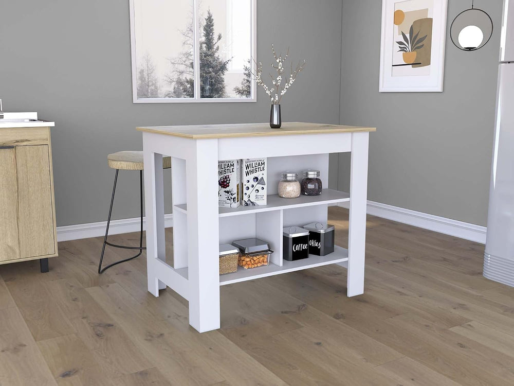 Kitchen Island with Three Storage Shelves and Four Legs | Tabletop with prote...