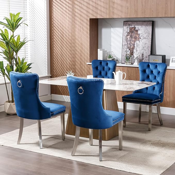 Luxury Upholstered Dining Chairs Set of 8, Blue Kitchen Chair with Silver Met...
