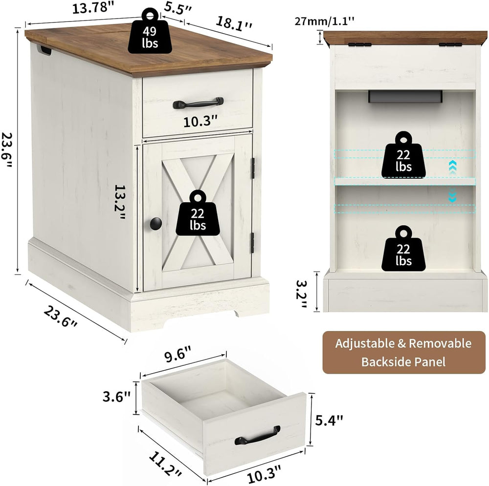 HOMMPA 23.6'' Farmhouse Narrow End Table w/Charging Station Rustic White