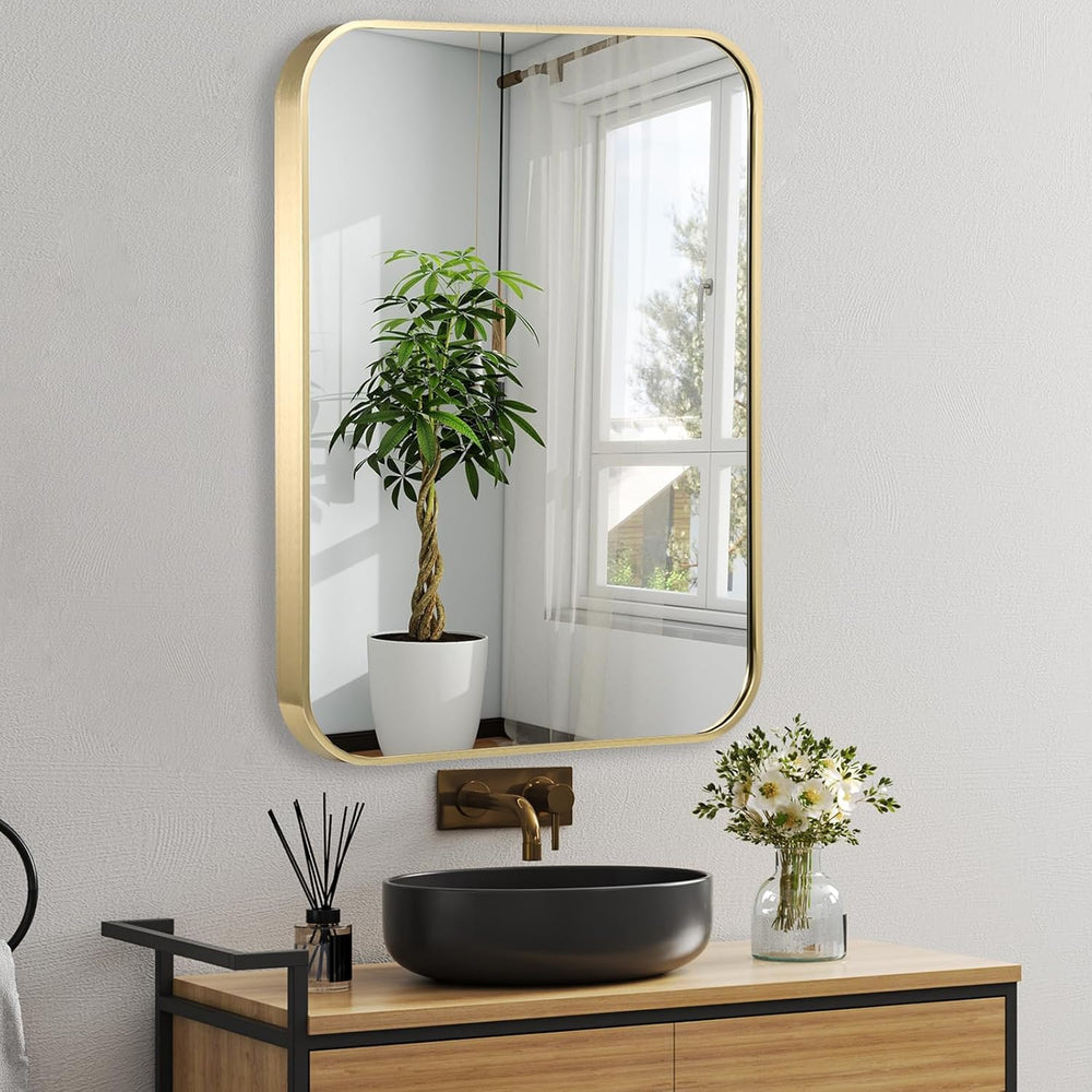 22x30 Inch Gold Bathroom Mirror, Brushed Brass Gold Metal Framed Rectangular ...