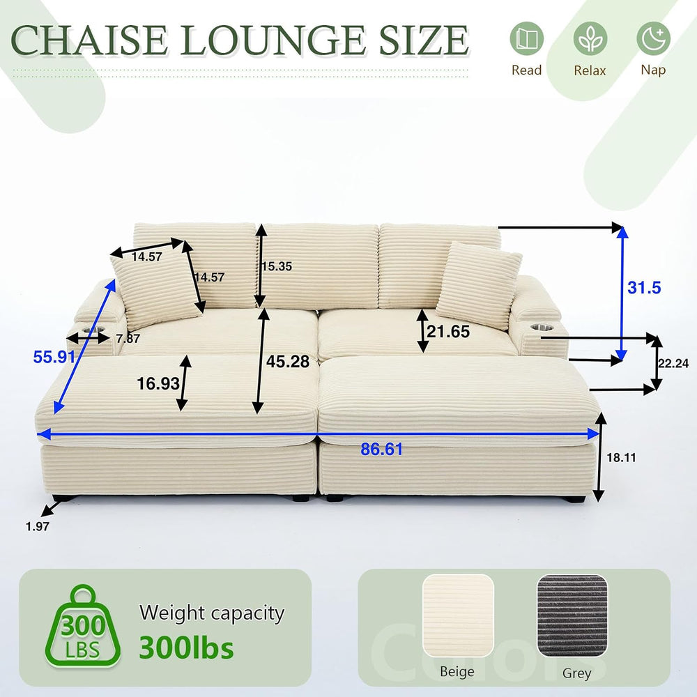 Oversized Corduroy Double Chaise Lounge Chair Indoor with Storage and Ottoman...