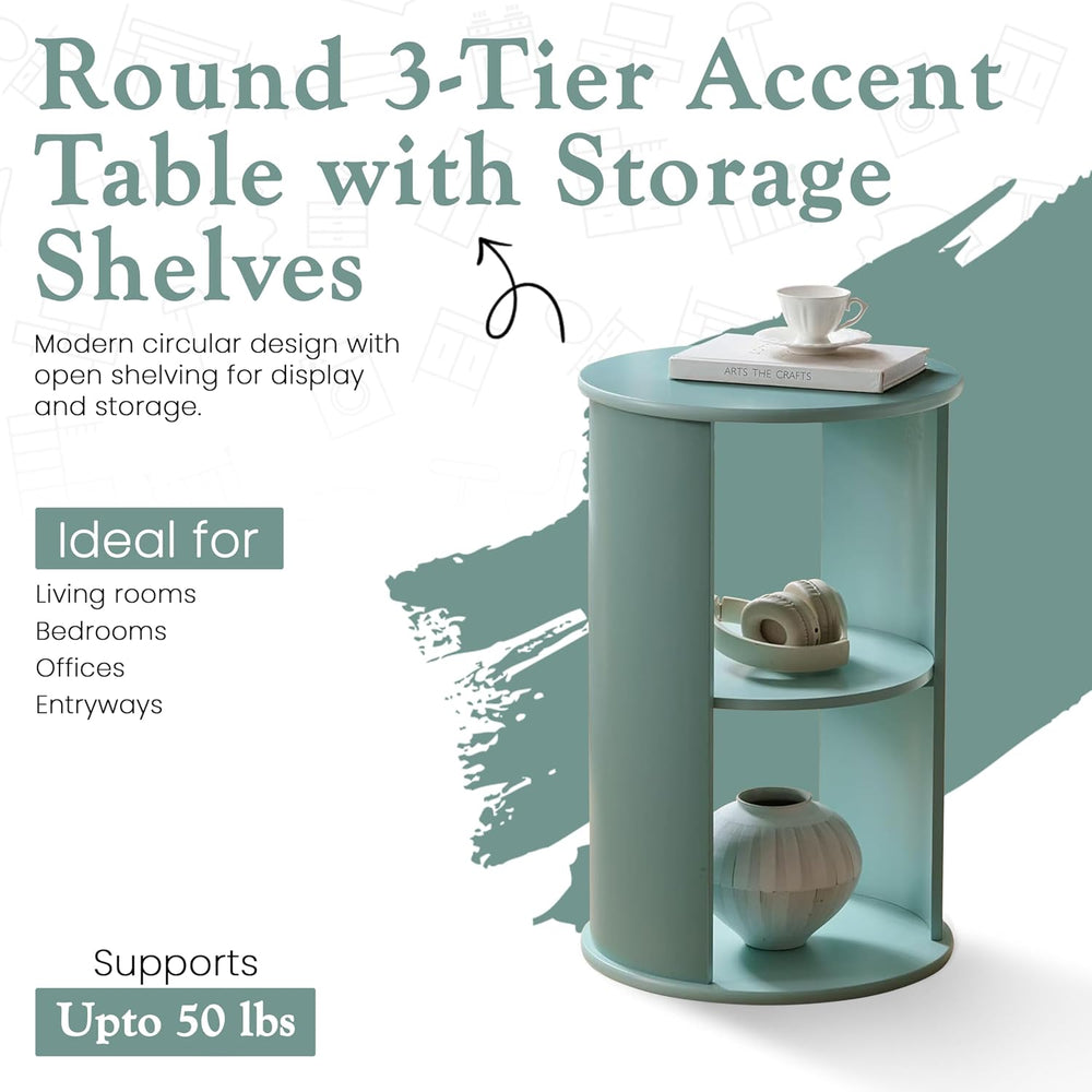 Kings Brand Furniture Round 3-Tier Accent Side Table with Storage Shelves, Wo...