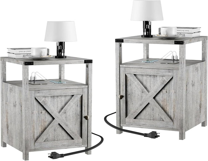 Farmhouse Nightstand Set of 2 with Storage, Rustic End Table, Grayish White