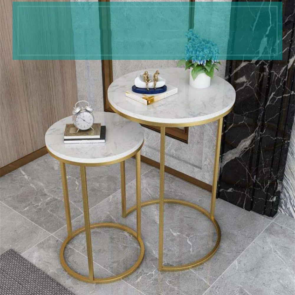 Round Nesting Table, Set of 2 Coffee Tables with Marble Top Stackable Side Ta...