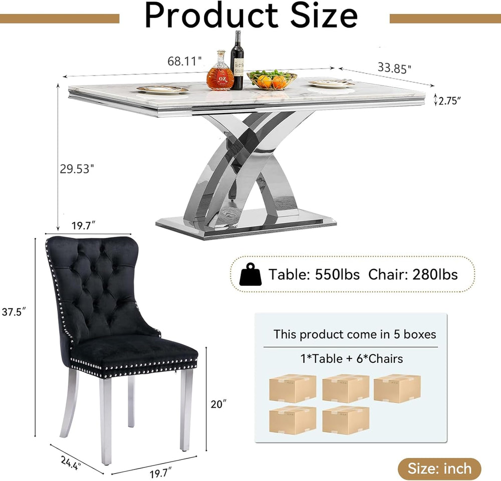 7 Piece Dining Table Set with Chairs, Faux Marble Dining Table and Black Chai...
