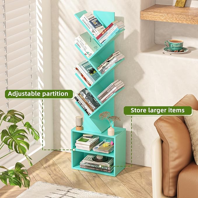 10 Tier Tree Bookshelf,Floor Standing Wood Tall Bookcase for Narrow Space, St...
