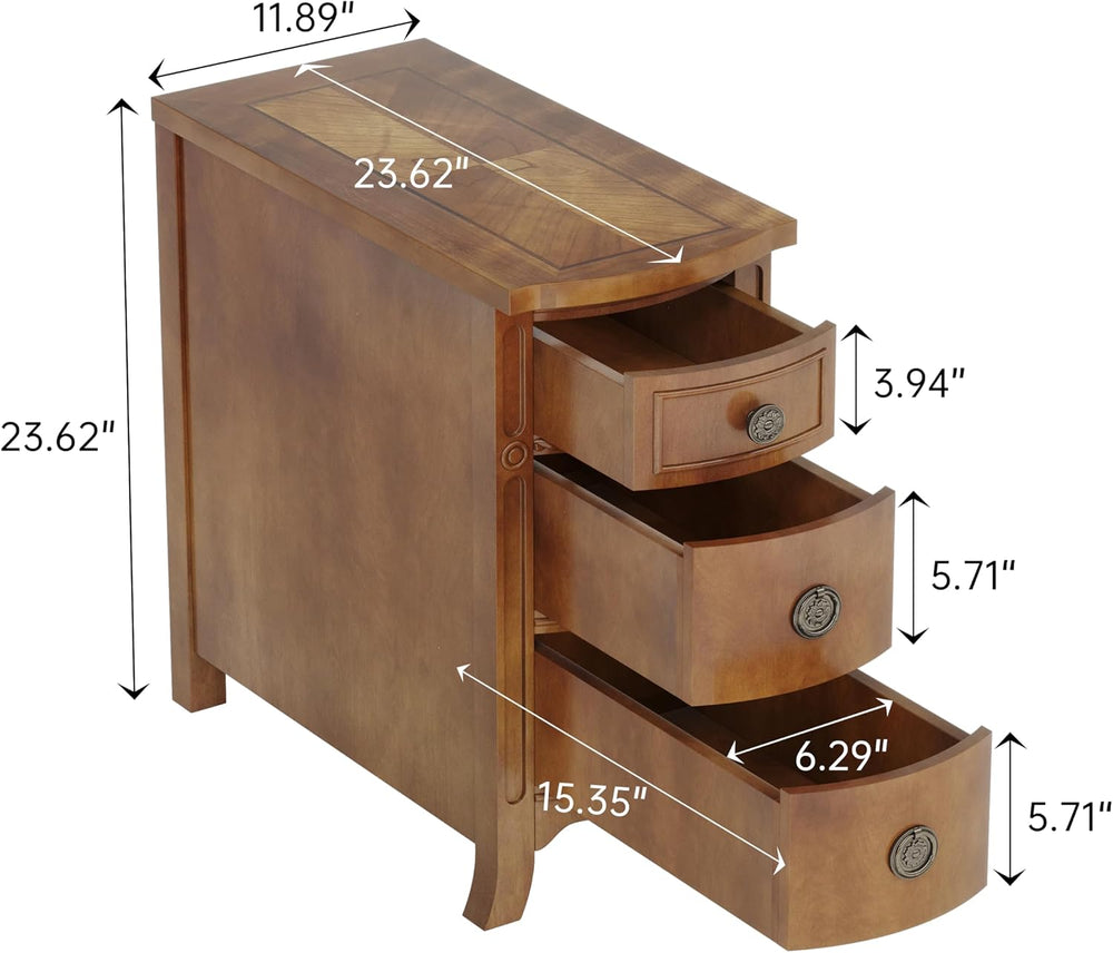 Farmhouse Solid Wood End Table, 3-Drawer Narrow Side Table Slim Chair Table f...