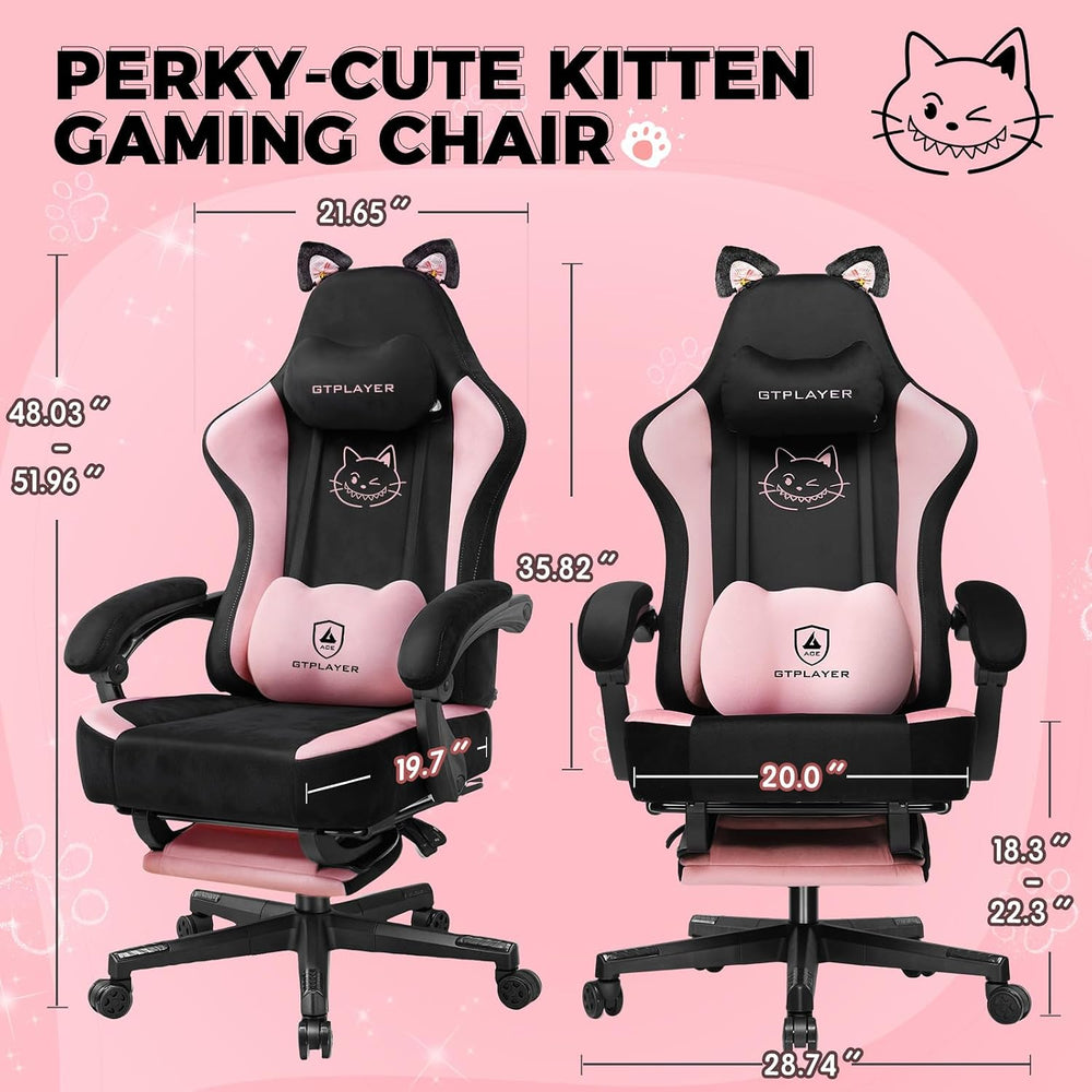 GTPLAYER Pink Gaming Chair Cute with Cat Ears Ergonomic Computer Chair with C...