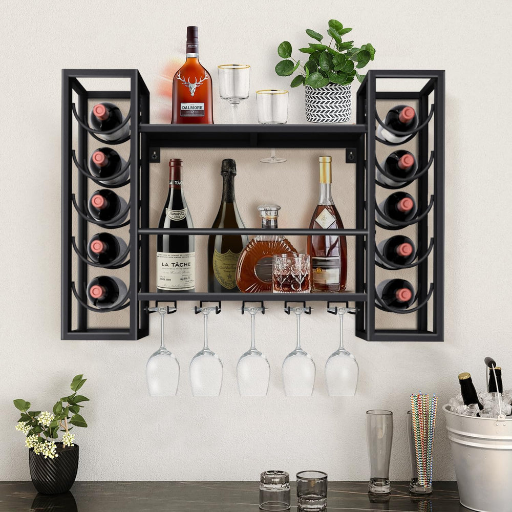 Wall Mount Wine Racks with Glass Holder, Metal Bottle Holder Glass Rack Wall ...