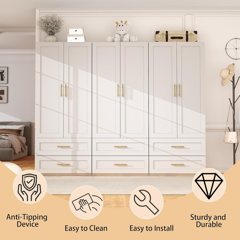 White Wardrobe with 6 Doors and 6 Drawers, 75" Tall x 95" Wide