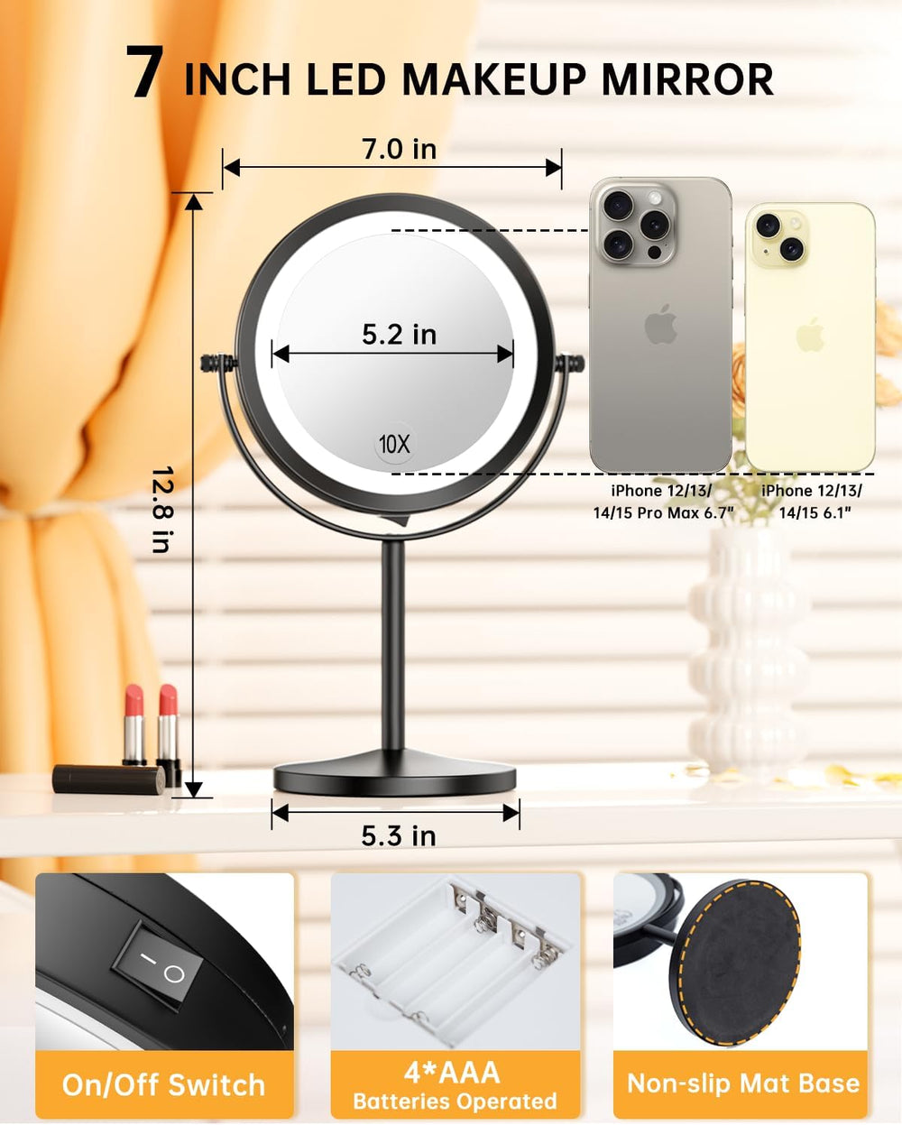 Gospire 7" Lighted Makeup Mirror with Magnification 10X/1X Double Sided