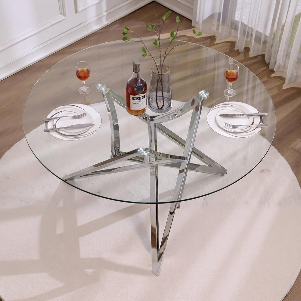 Glass Round Dining Table, 47.2" Modern Round Table with Silver Mirrored ...