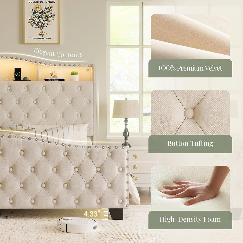 Belffin Queen Size Platform Bed Frame with 50.9" LED Headboard, Beige