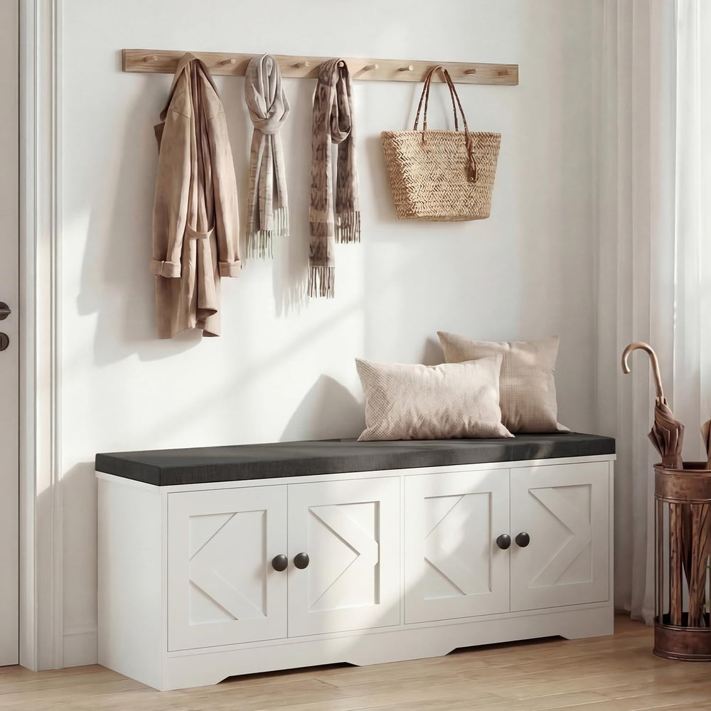 Apicizon Storage Bench with Seat Cushion, 2 Tier Entryway Bench with 4 Barn D...