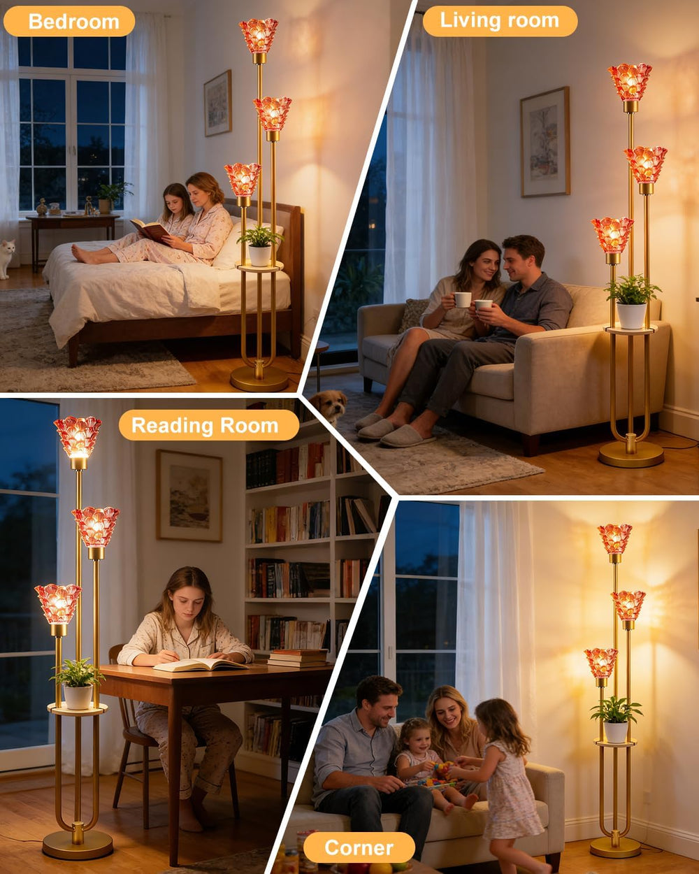 Glass Floor Lamp with Shelf, 63IN Mid Century Modern Gold Floor Lamps with 3 ...