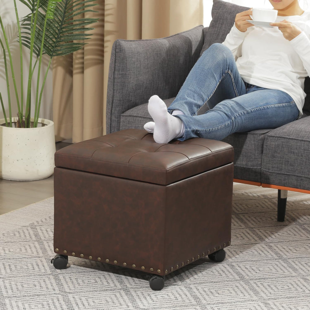 Adeco 16.7" H Brown Leather Storage Ottoman with 360 Caster Wheels, Squa...