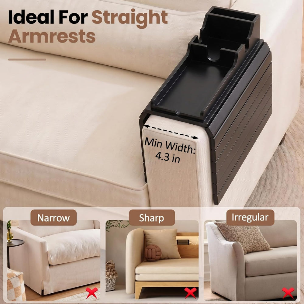 Black Bamboo Couch Armrest Table, Over the Couch Arm Tray with Removable Couc...