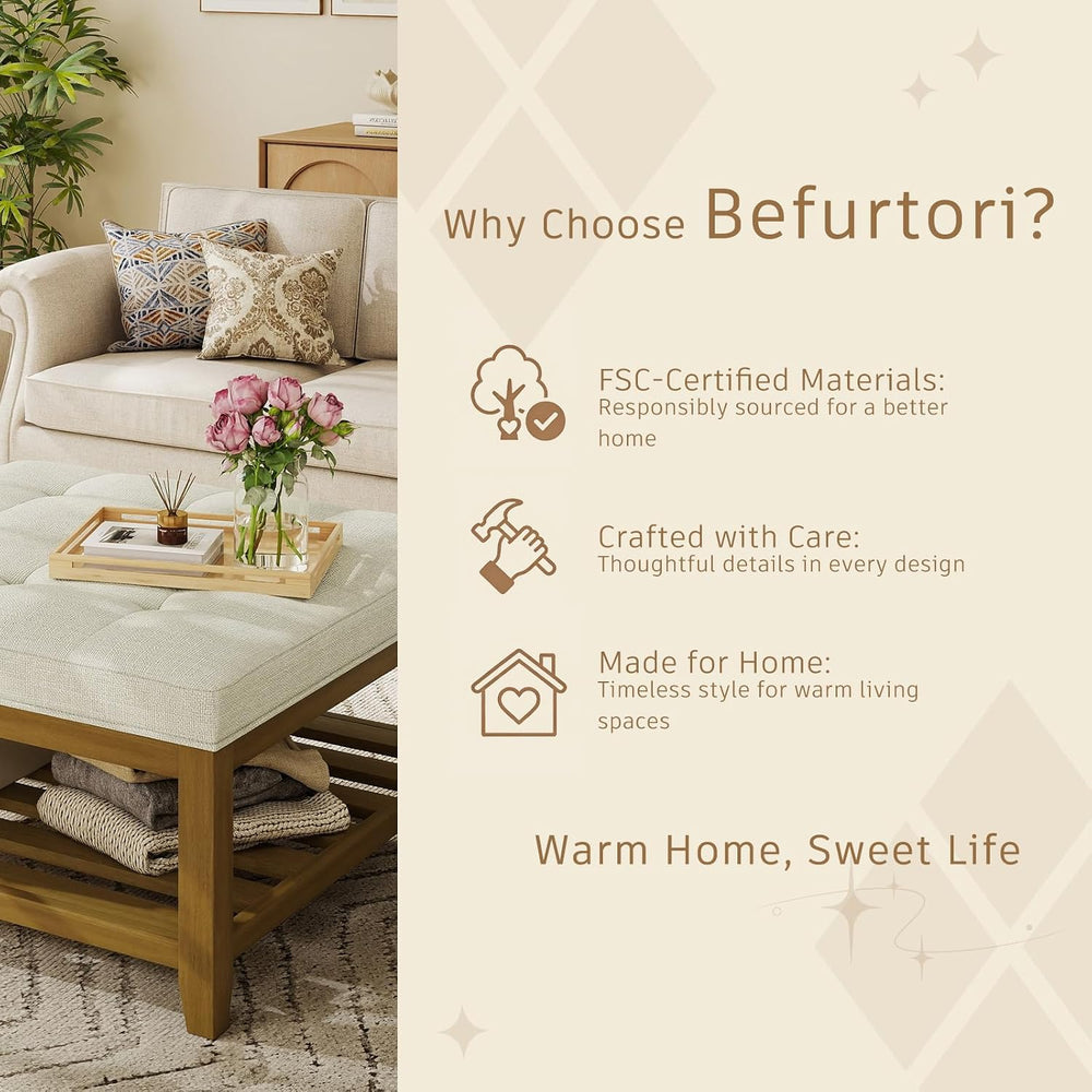 Befurtori Large Square Ottoman Coffee Table, Linen Solid Upholstered Footrest...