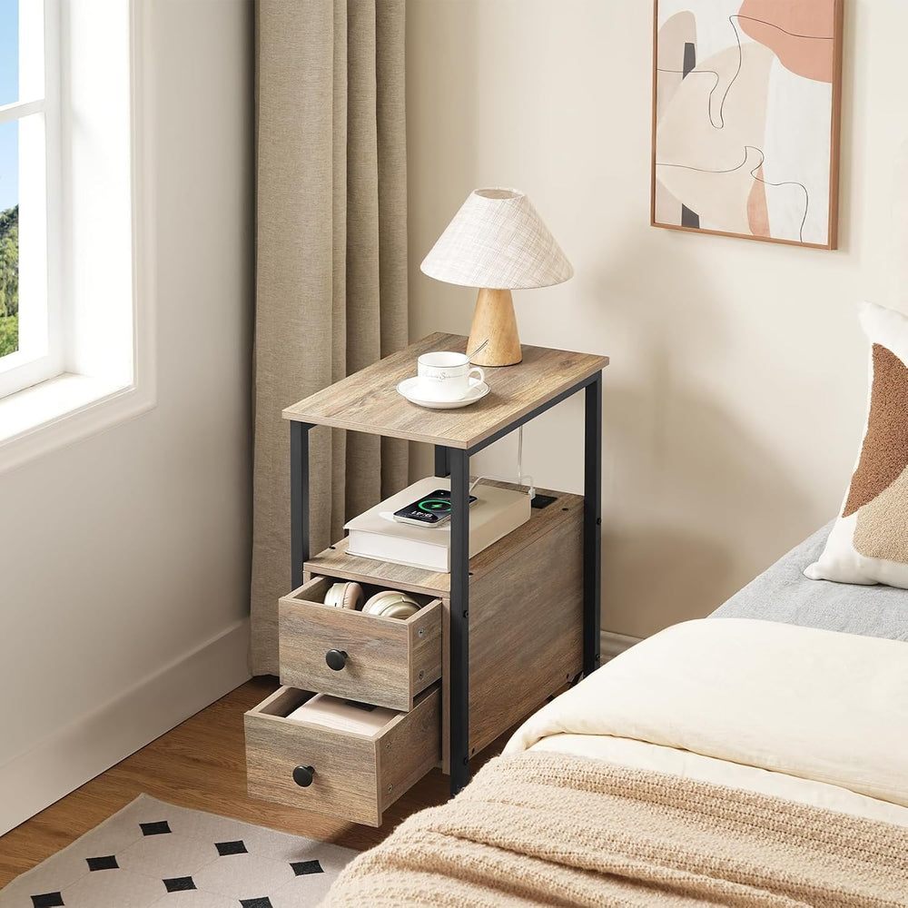 HOOBRO End Table with Charging Station, Narrow Side Table with 2 Drawer &...
