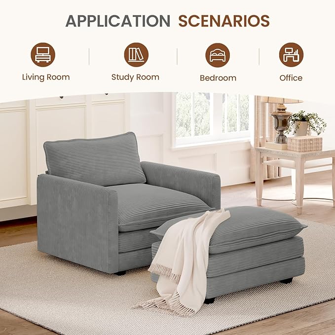 ROWHY Single Armchair with Ottoman, Modern Corduroy Cloud Couch with Converti...
