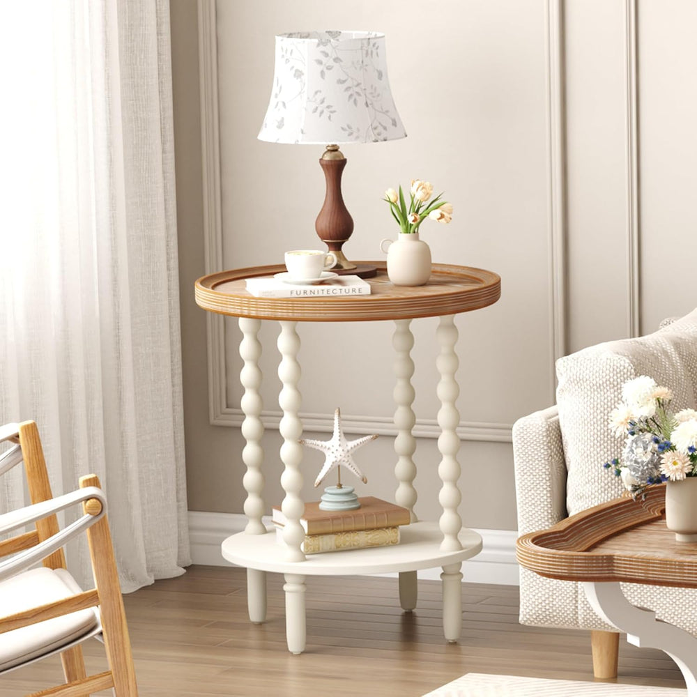 Function Home Round End Table, Farmhouse Side Table with Storage Shelf, 2 Tie...