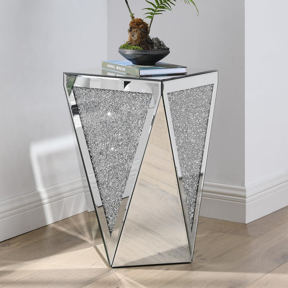 Henf Mirrored End Table Modern Inverted Triangular Side Table with Crystal De...