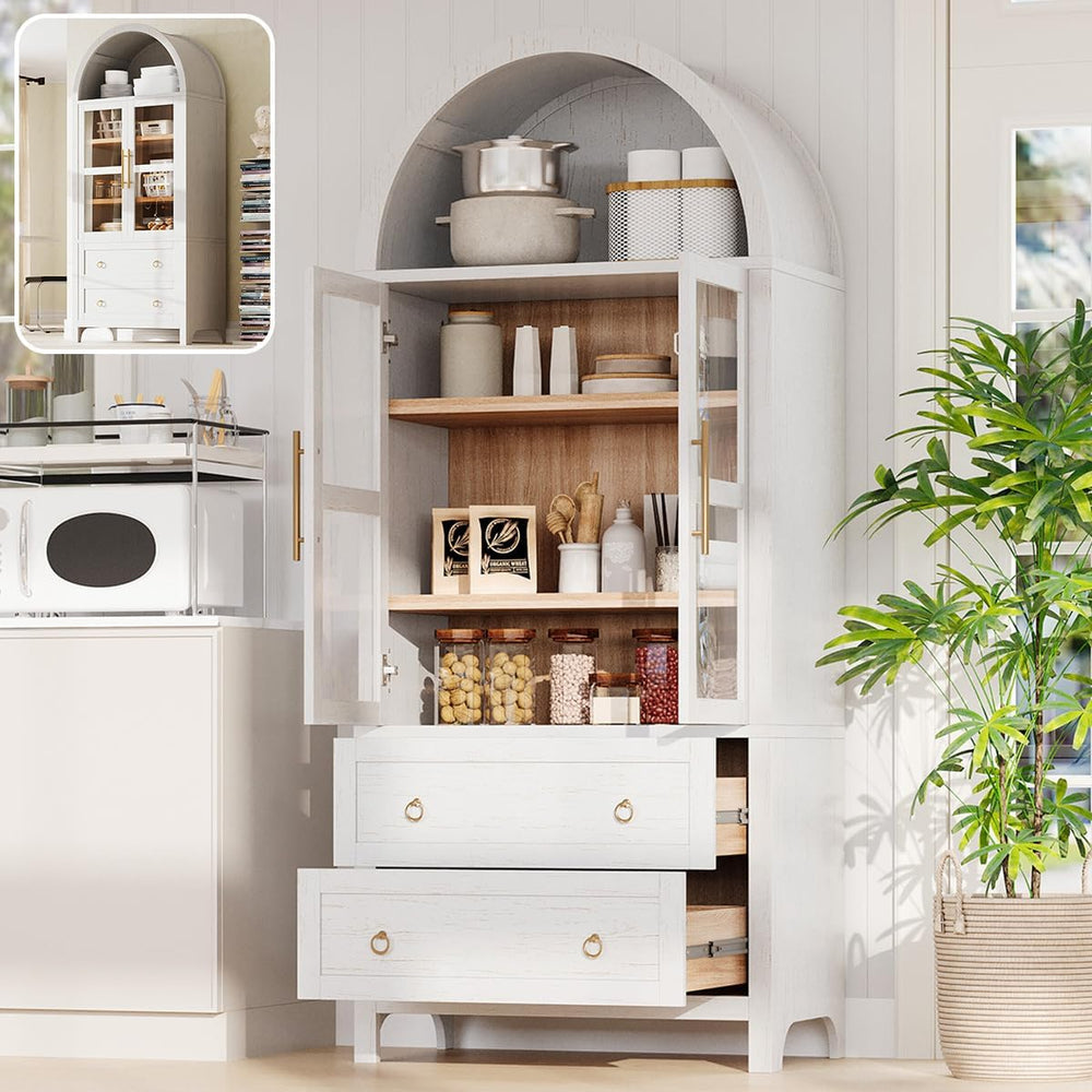 71" Tall Arched Kitchen Pantry Cabinet with 2 Large Drawers & Adjust...