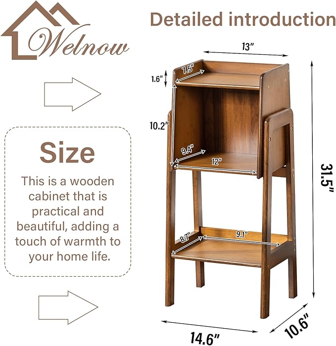 Welnow Bamboo Bookcase with Cabinet, Natural End Table with 1-Tier Storage Sh...